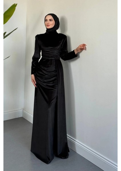 Selis Balık Model Kadife Kumaş Tesettür Abiye- Siyah modelleri