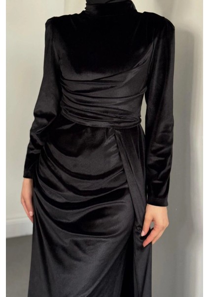 Selis Balık Model Kadife Kumaş Tesettür Abiye- Siyah fırsatları