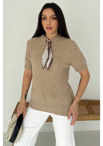 Kadın Kısa Kollu Fular Detaylı Triko Kazak – Soft Elegance fırsatları