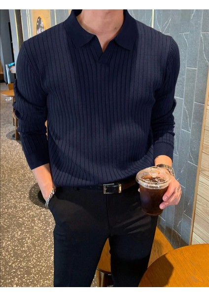 Lacivert Erkek Polo Yaka Fitilli Triko Kazak fiyatları