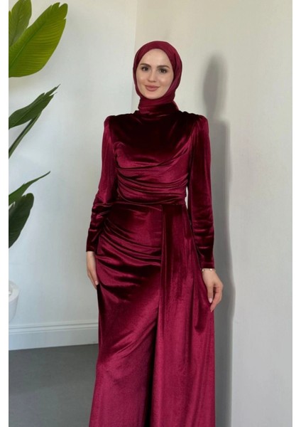 Selis Balık Model Kadife Kumaş Tesettür Abiye- Bordo fiyatları