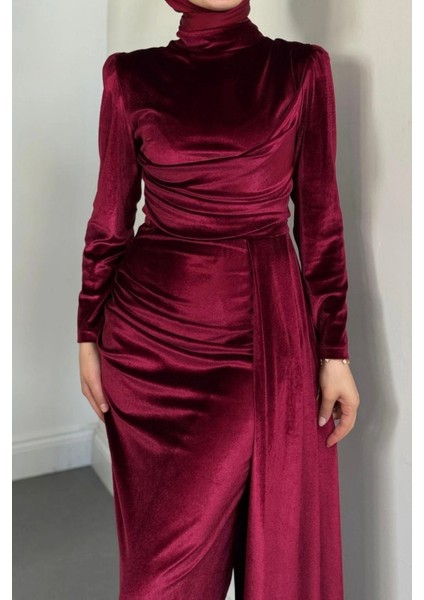 Selis Balık Model Kadife Kumaş Tesettür Abiye- Bordo fırsatları