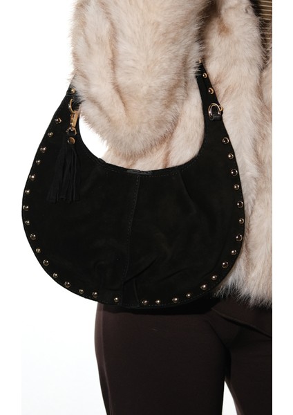 Antıno Siyah Süet Hakiki Deri Troklu Kadın Kol Çantası