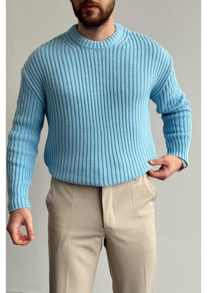 Erkek Mavi Fitilli Örme Regular Triko Kazak
