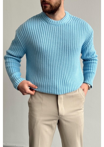 Erkek Mavi Fitilli Örme Regular Triko Kazak fiyatları