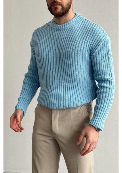 Erkek Mavi Fitilli Örme Regular Triko Kazak modelleri