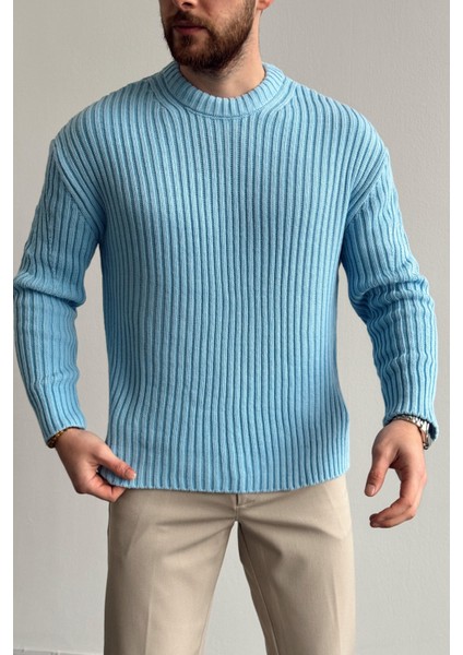 Erkek Mavi Fitilli Örme Regular Triko Kazak fırsatları