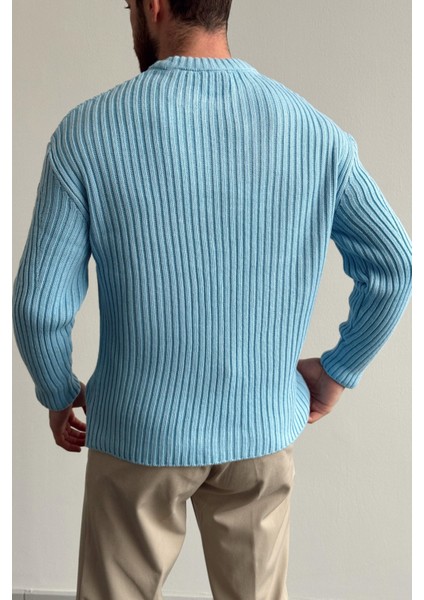 Erkek Mavi Fitilli Örme Regular Triko Kazak indirimleri