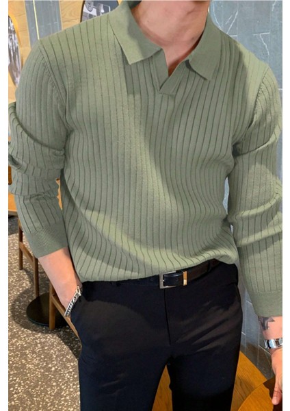 Erkek Polo Yaka Fitilli Triko Kazak