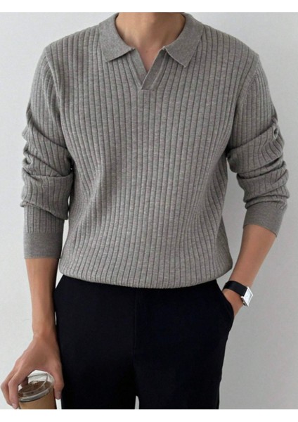 Koyu Gri Erkek Polo Yaka Fitilli Triko Kazak