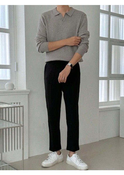 Koyu Gri Erkek Polo Yaka Fitilli Triko Kazak fiyatları