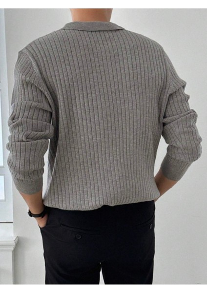 Koyu Gri Erkek Polo Yaka Fitilli Triko Kazak modelleri