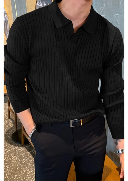 Siyah Erkek Polo Yaka Fitilli Triko Kazak