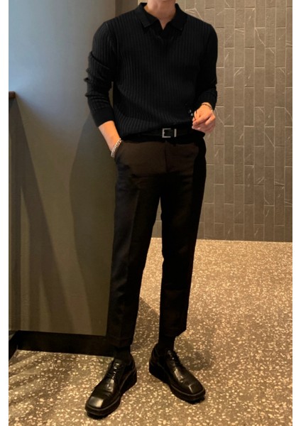 Siyah Erkek Polo Yaka Fitilli Triko Kazak fiyatları