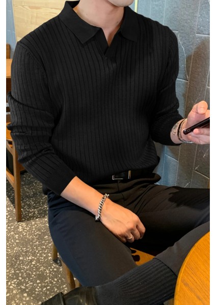 Siyah Erkek Polo Yaka Fitilli Triko Kazak fırsatları