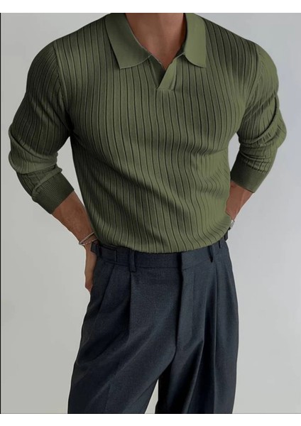 Haki Erkek Polo Yaka Fitilli Triko Kazak