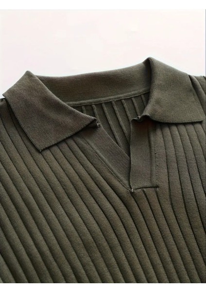 Haki Erkek Polo Yaka Fitilli Triko Kazak modelleri