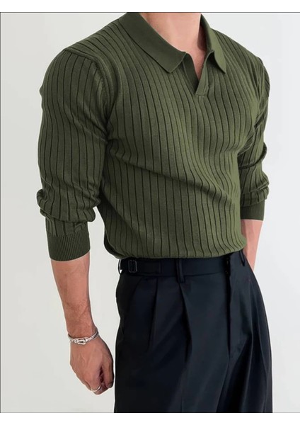 Haki Erkek Polo Yaka Fitilli Triko Kazak fırsatları