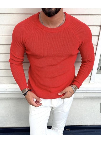 Erkek Kırmızı Selanik Örgü Italyan Reklan Bisiklet Yaka Triko Kazak