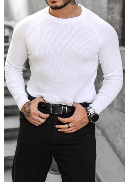 Erkek Beyaz Selanik Örgü Italyan Reklan Bisiklet Yaka Triko Kazak