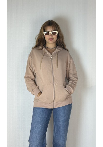 Kadın Kapüşonlu Fermuarlı Cep Detaylı Oversize Hırka Sweatshirt