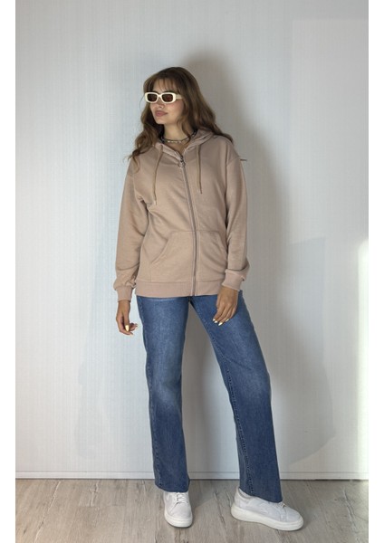 Kadın Kapüşonlu Fermuarlı Cep Detaylı Oversize Hırka Sweatshirt fiyatları