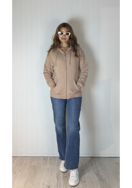 Kadın Kapüşonlu Fermuarlı Cep Detaylı Oversize Hırka Sweatshirt modelleri