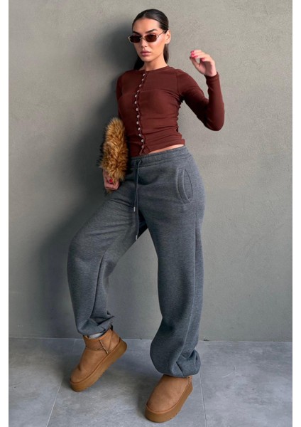 Antrasit Geniş Paça Rahat Kalıp Lastikli Eşofman Altı MG2581