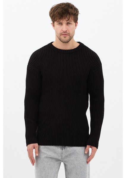 Erkek Beyaz Fitilli Örme Regular Triko Kazak