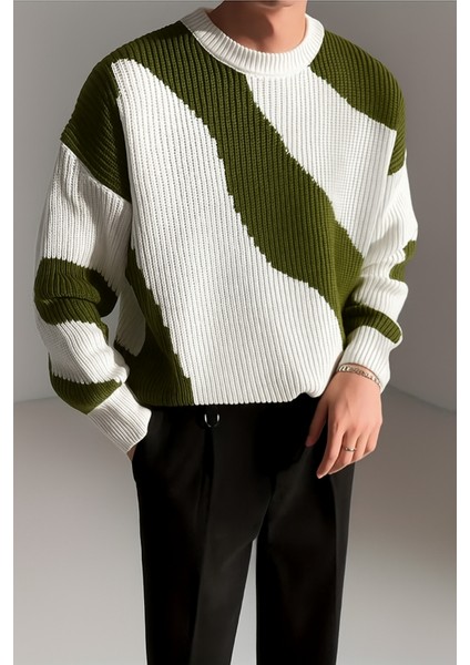 Erkek Haki-Beyaz Regular Fit Triko Kazak