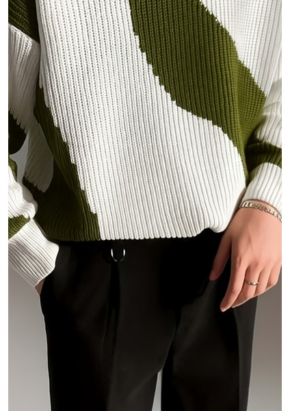 Erkek Haki-Beyaz Regular Fit Triko Kazak modelleri