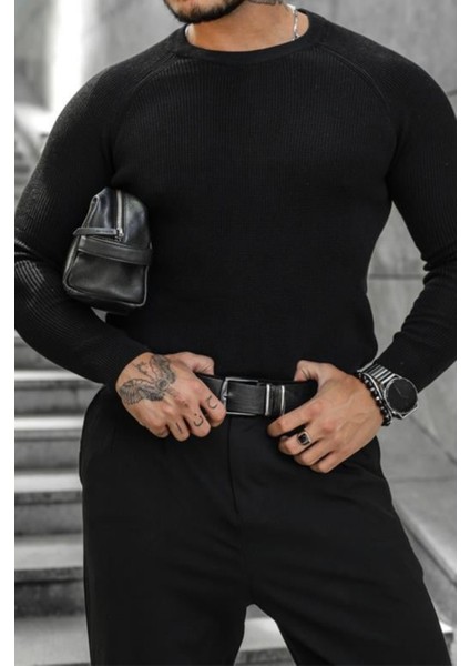 Erkek Siyah Selanik Örgü Italyan Reklan Bisiklet Yaka Triko Kazak