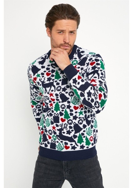 Beyaz Lacivert Erkek Christmas Yılbaşı Kazağı NOELKZKR04S