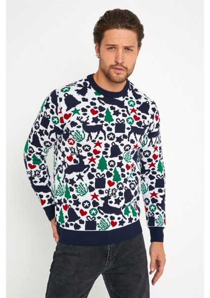 Beyaz Lacivert Erkek Christmas Yılbaşı Kazağı NOELKZKR04S fiyatları