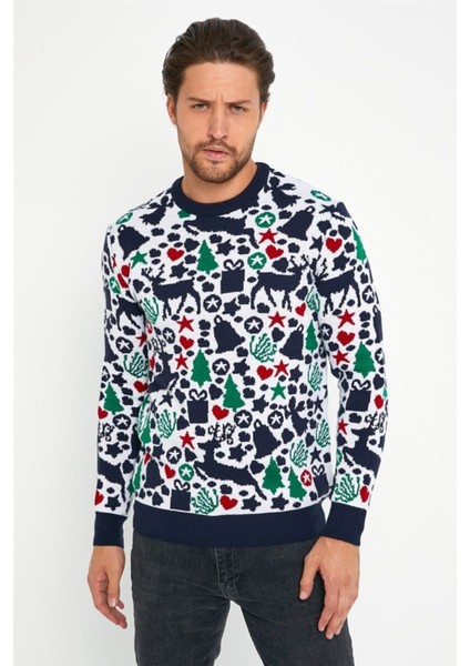 Beyaz Lacivert Erkek Christmas Yılbaşı Kazağı NOELKZKR04S fırsatları