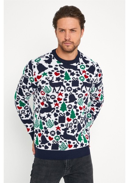 Beyaz Lacivert Erkek Christmas Yılbaşı Kazağı NOELKZKR04S indirimleri