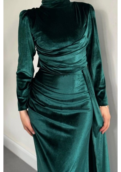 Selis Balık Model Kadife Kumaş Tesettür Abiye- Zümrüt fırsatları