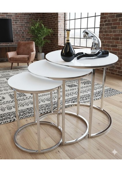 3' Lü Temperli Kırılmaz Cam Gümüş Metal Zigon Sehpa