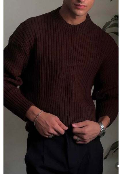 Erkek Kahverengi Fitilli Örme Regular Triko Kazak