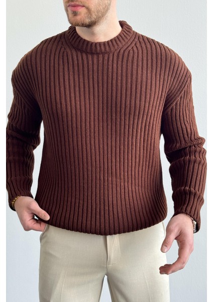 Erkek Kahverengi Fitilli Örme Regular Triko Kazak fiyatları