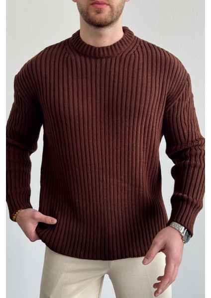 Erkek Kahverengi Fitilli Örme Regular Triko Kazak modelleri
