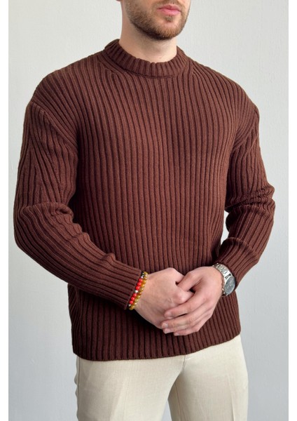 Erkek Kahverengi Fitilli Örme Regular Triko Kazak fırsatları