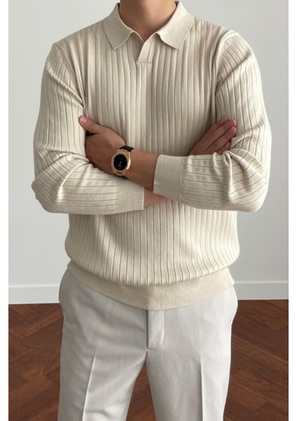 Erkek Bej Slim Fit Uzun Kollu Polo Yaka Triko Kazak