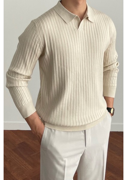 Erkek Bej Slim Fit Uzun Kollu Polo Yaka Triko Kazak fiyatları