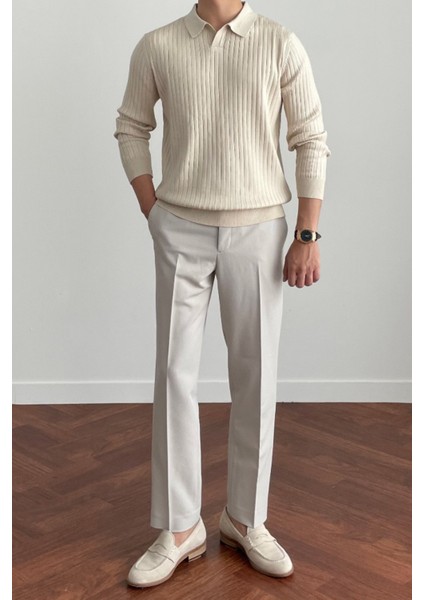 Erkek Bej Slim Fit Uzun Kollu Polo Yaka Triko Kazak modelleri