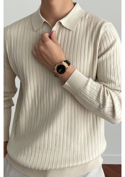 Erkek Bej Slim Fit Uzun Kollu Polo Yaka Triko Kazak indirimleri