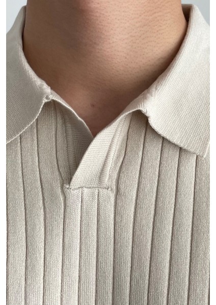 Erkek Bej Slim Fit Uzun Kollu Polo Yaka Triko Kazak