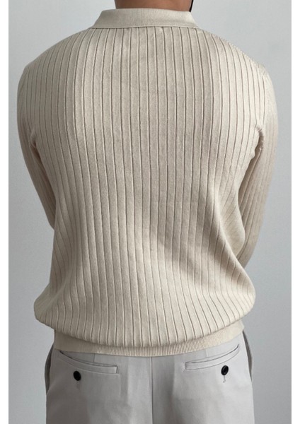 Erkek Bej Slim Fit Uzun Kollu Polo Yaka Triko Kazak