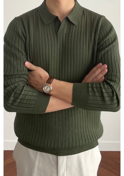 Erkek Haki Slim Fit Uzun Kollu Polo Yaka Triko Kazak