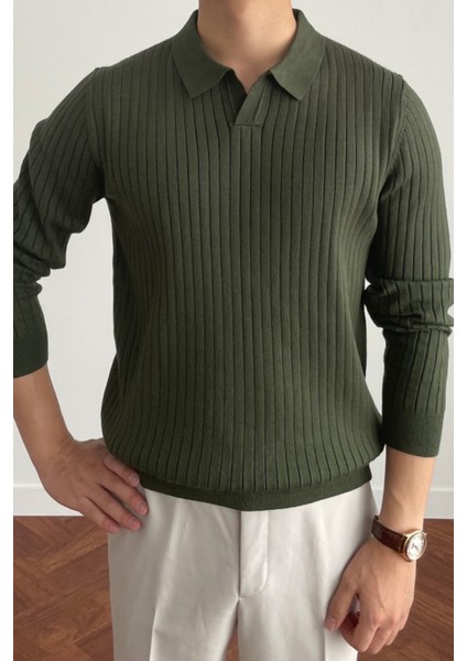 Erkek Haki Slim Fit Uzun Kollu Polo Yaka Triko Kazak fiyatları